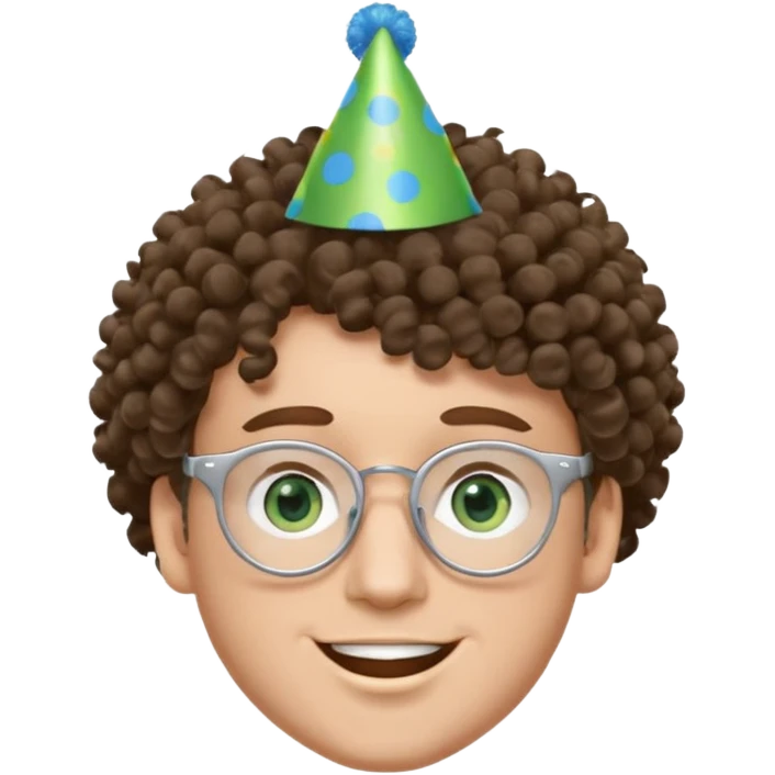 A white guy with curly brown hair and green eyes with a happy face, and wear square glasses.He’s also got a full silver birthday party hat on his head with blue pom poms on top of it, and his T-shirt is all black, he wears a little gold circle earrings on his left  emoji
