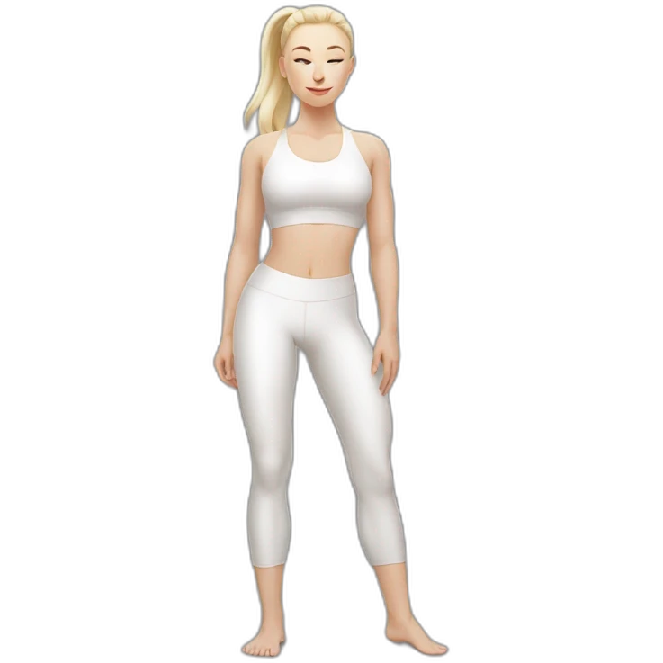Pale skinned fit woman In a white tight yoga suit With ash blonde hair in a ponytail and gray eyes doing yoga emoji