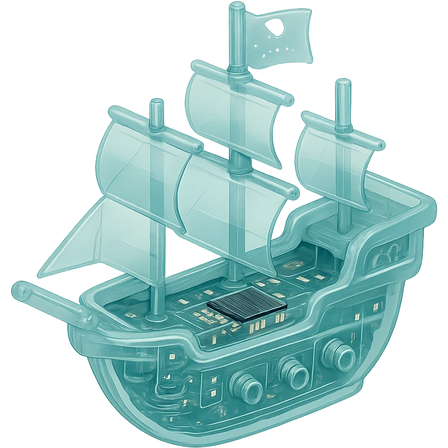 A translucent pirate ship with visible internal circuitry and mechanisms, featuring sails, cannon details, and a pirate flag emoji