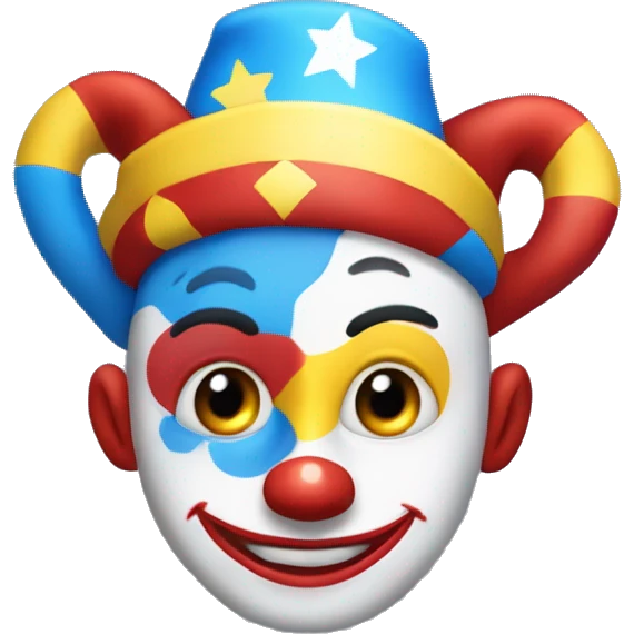 Design an animated harlequin clown character with a blue, red, and yellow outfit, a typical hat with yellow balls on the tips, a white face with rosy cheeks, large eyes with star-shaped pupils, and a mischievous smile emoji