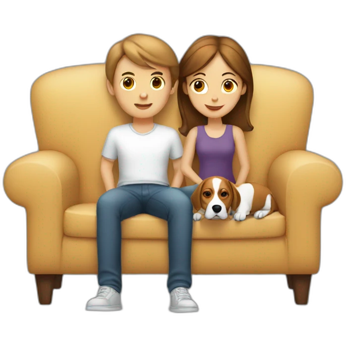Brown hair White boy and girl with beagle Sit on couch emoji