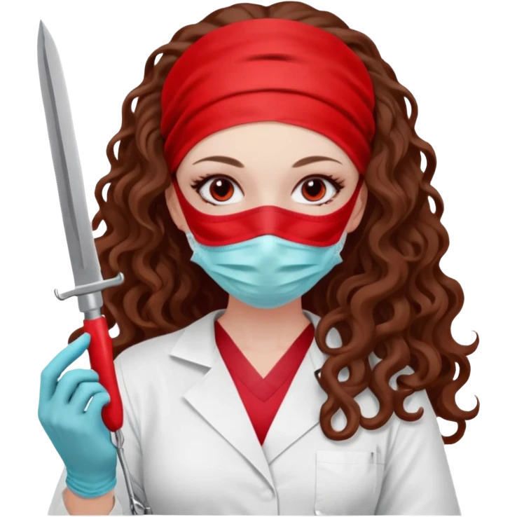 Lilith symbol seductress long curly hair evil surgeon.  brown hair. Red surgical mask and hair covering. She works for cartel and kills  with a scalpel. emoji