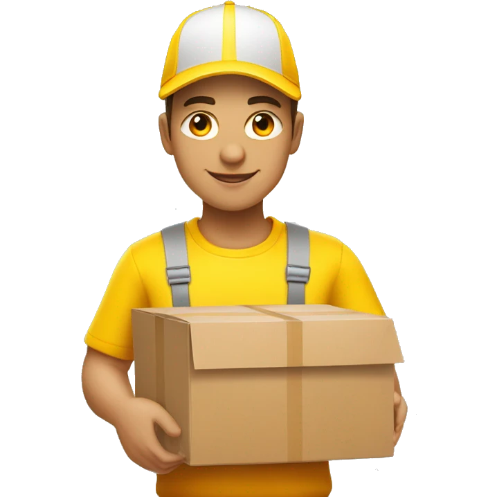 a delivery person with a yellow outfit with some red lines like the DHL logo. The delivery person carry somes carton boxes. emoji