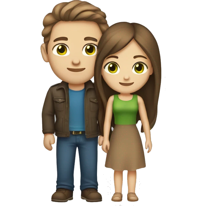 A young couple in love. Both are light skin. Both have brown hair. The woman has long hair and green eyes. The man has short brown hair und blue eyes. emoji
