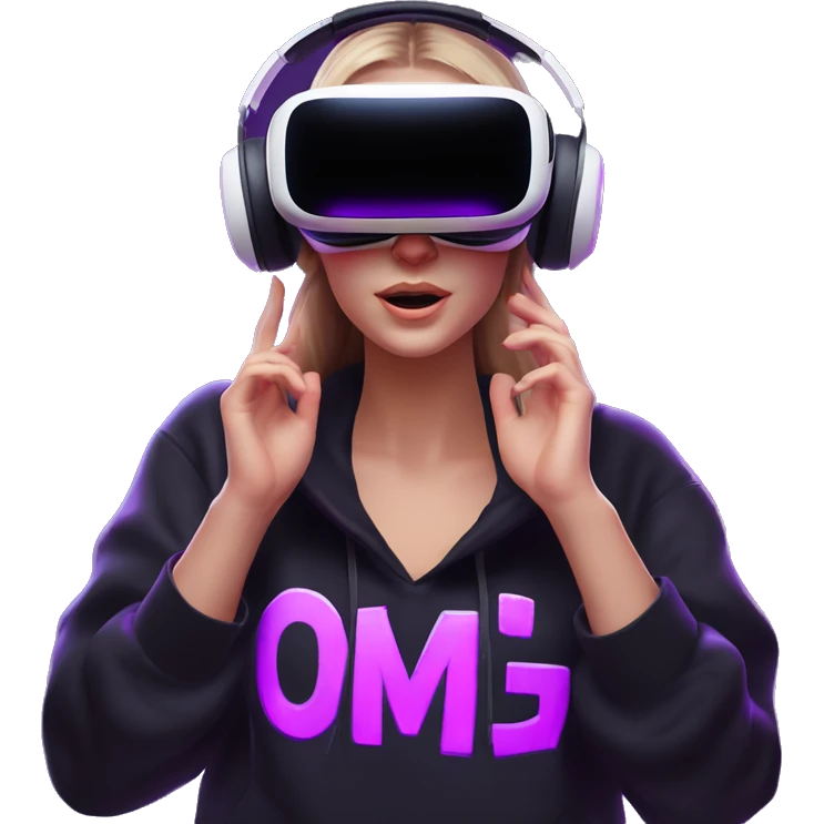 Russian girl wearing black hoody with violet letters "OMG", in vr headset oculus quest2. Dancing. Cyberpunk style. Violet neon. emoji