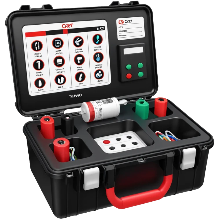 An open, black outdoor test case.Interior: control panel with colored test jacks, USB ports, and a power outlet. A red test probe is located next to it. On the left side of the case is a large roll of white, round test labels displaying QR codes.  emoji