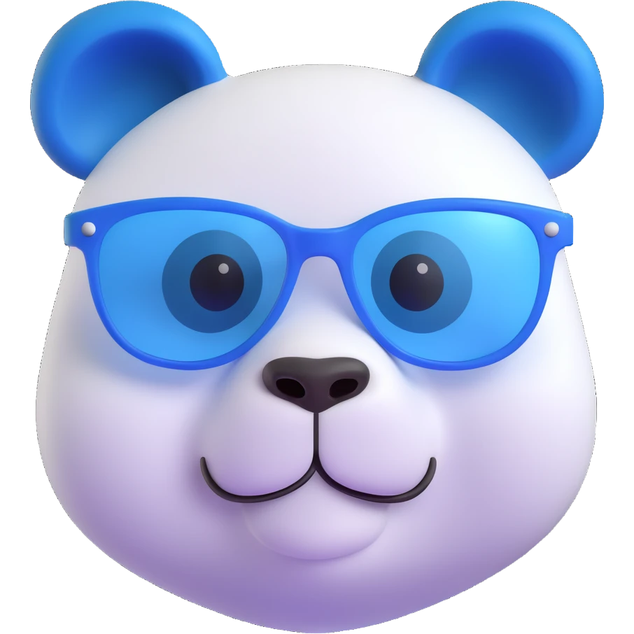3D emoji of a playful and modern panda face inspired by classic panda emoji, with white and rich blue color scheme #002FA7 instead of black, wearing stylish white translucent designer glasses, smooth 3D finish emoji