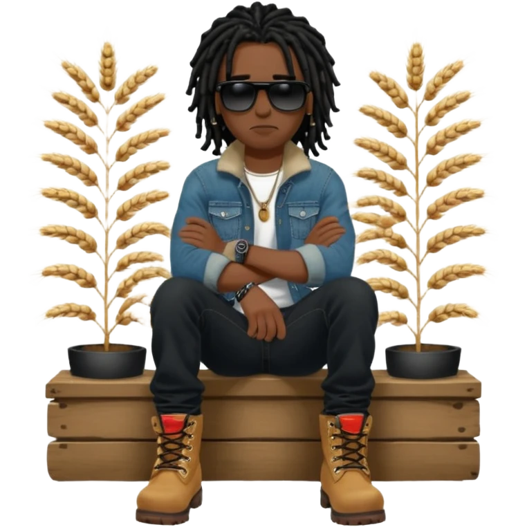African American man with shoulder length black dreadlocks with black bead wearing black sunglasses with wearing denim skinny jeans and wheat timberland boots with arms folded emoji