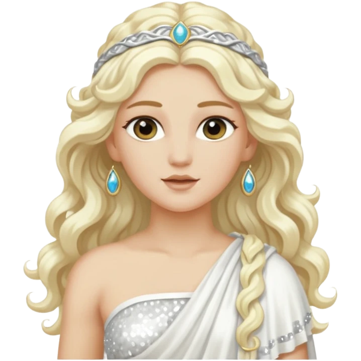 Aura, Goddess of Breeze from Roman Deities with long platinum blonde wavy hair, white sequin toga  emoji