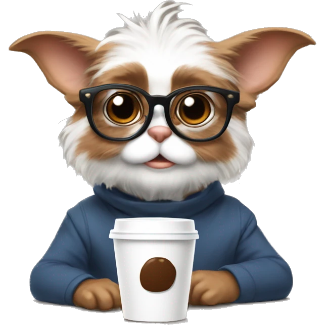 Cute and real gizmo from gremblins studyng with glasses and a coffee emoji