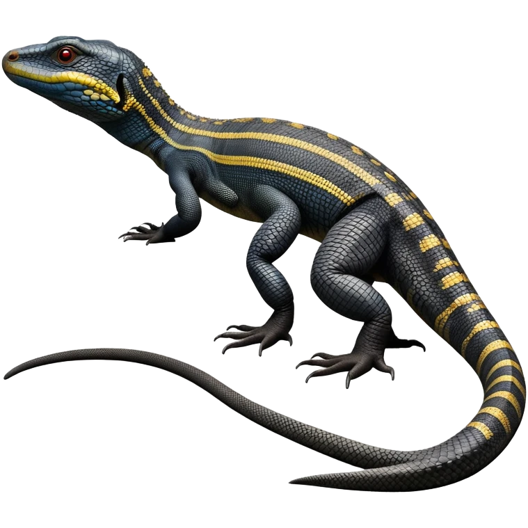 cinematic-monitor-lizard-realistic-full-body-standing on all fours-emoji,-long-powerful-tail-dragging-slightly-behind,-sleek-scaled-body-textured-with-rich-patterns and stripes,-head-tilted-dramatically,-dark-intense-eyes-observing-its-surroundings,-simplified-yet-realistic-focused-features,-highly-detailed,-glowing-with-an-almost-sarcastic-glow emoji