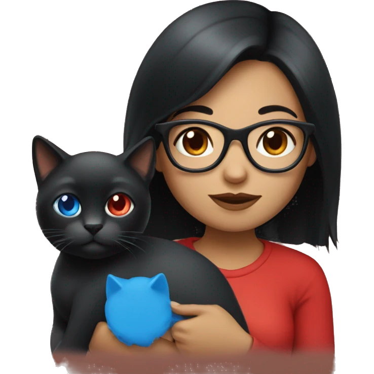 A black hair girl with glasses with a red cat with blue eyes emoji