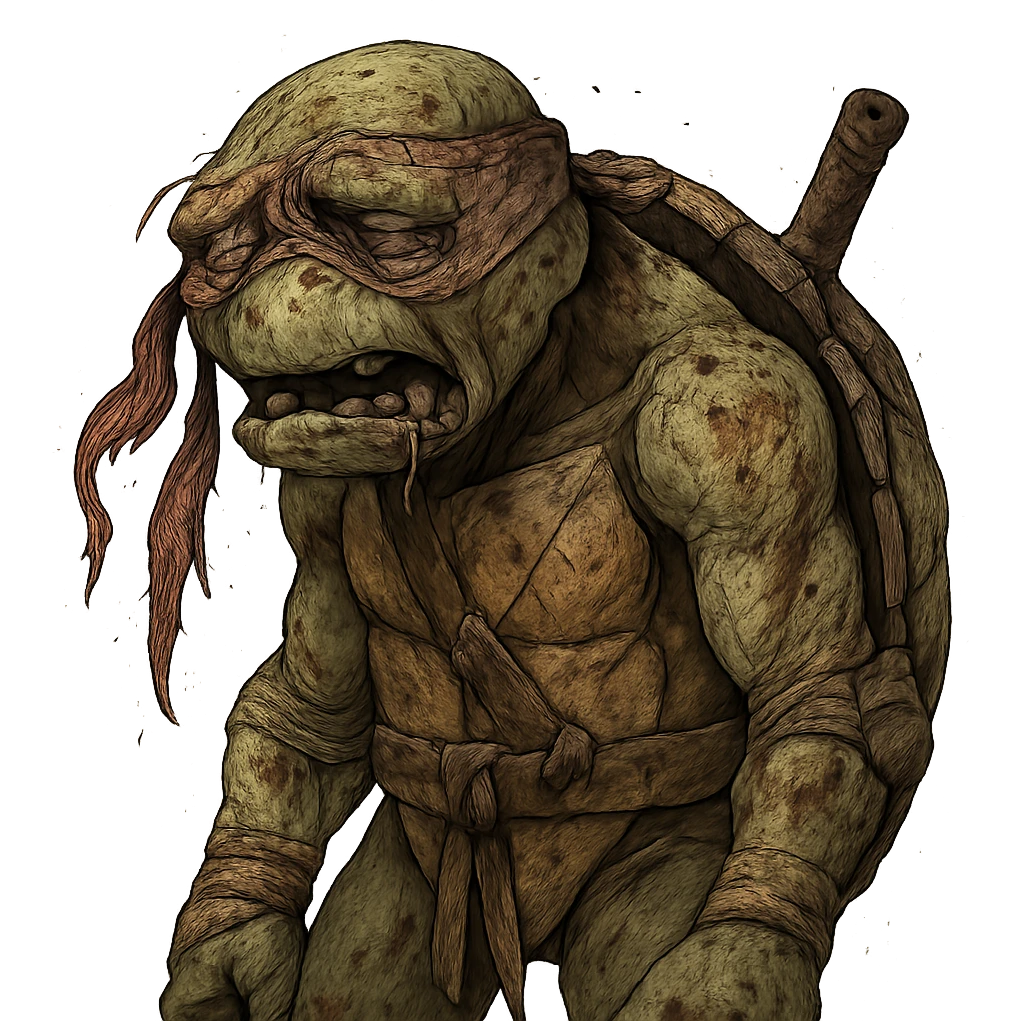 very old ninja turtle, battered and bruised, torn mask, cracked shell, missing teeth, looking exhausted after a tough fight, expressive and detailed emoji