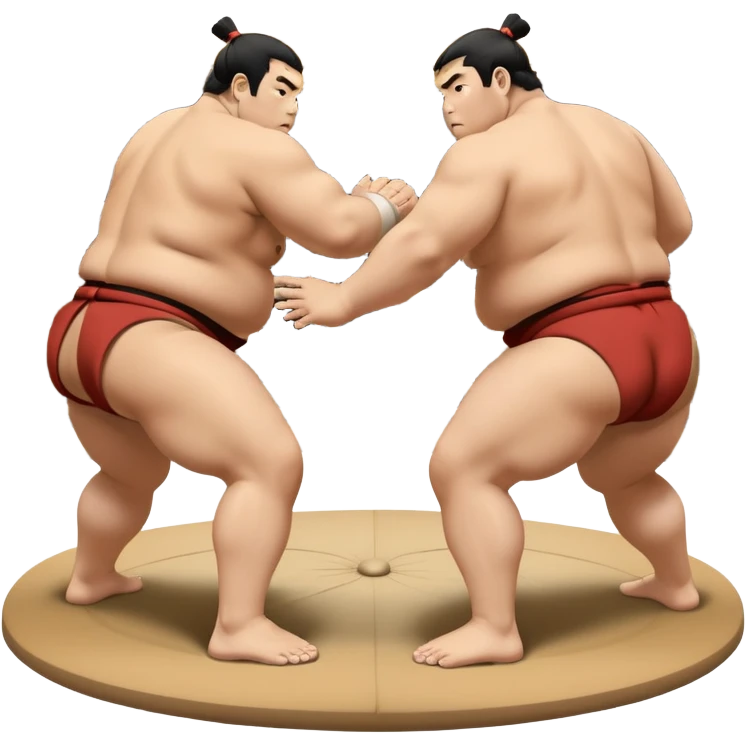 Two sumo wrestlers in a classic dohyo ring, each displaying powerful stances and ready to engage in a fierce match. One wrestler attempts a pushing attack, while the other counters with a thrust. The background shows the traditional sumo arena and spectators. Transparent background. emoji
