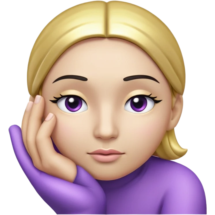 "A three-dimensional spherical face in light purple with a shiny effect, showing a thoughtful or hesitant expression. Its eyebrows are slightly tilted, and its eyes are half-closed, giving a puzzled look. The mouth is slightly curved to one side. One of its hands, in gold color, raises the index finger to touch the chin in a thinking pose. The background is black with a soft glow around the face to add a modern effect."

 emoji