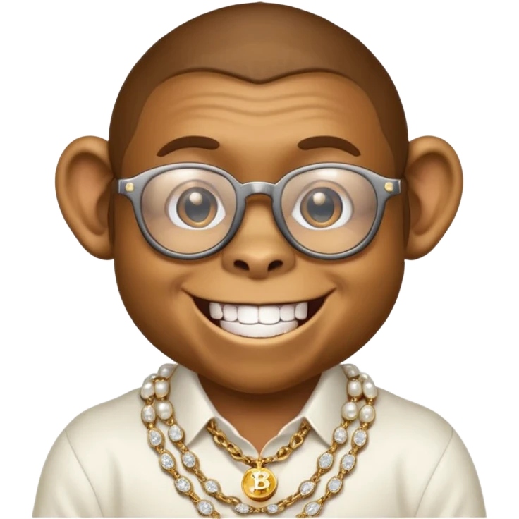 rich monkey with glasses smiling with diamond grillz and a bitcoin golden chain with diamond pearls emoji
