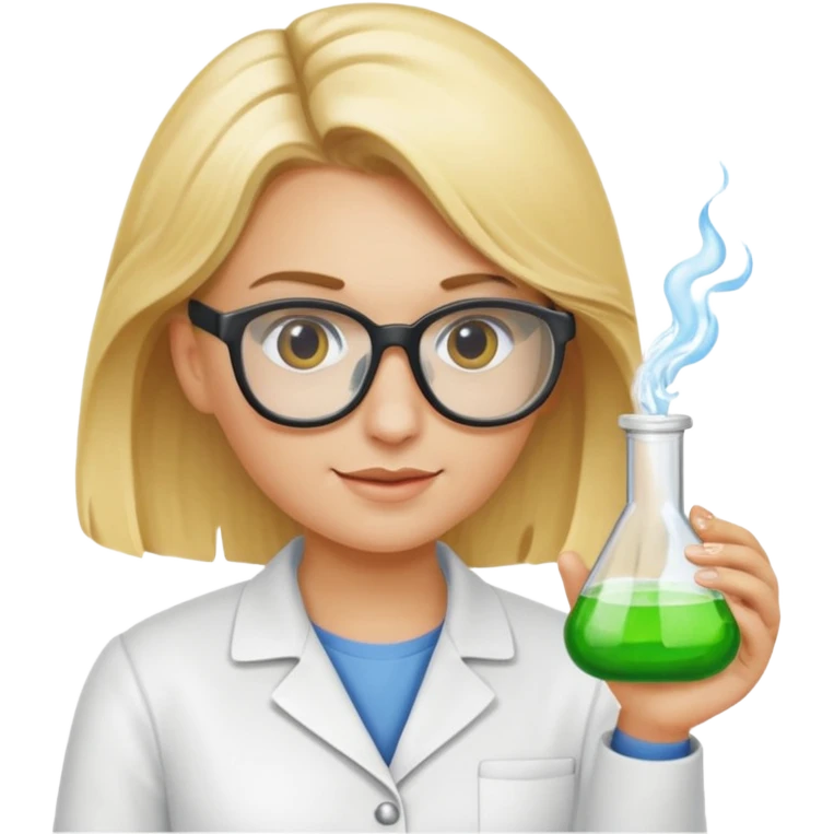 Eine hellblonde Chemikerin mit Kittel, großer Labor-Sicherheitsbrille und typischem Erlmeyerkolben in der Hand emoji