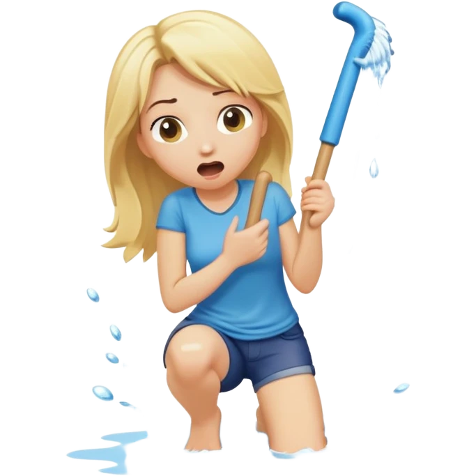 simple blond woman kneeling, surprised, big cartoon stick with D-shaped knob emerging from hanging pants, water splash into her mouth emoji