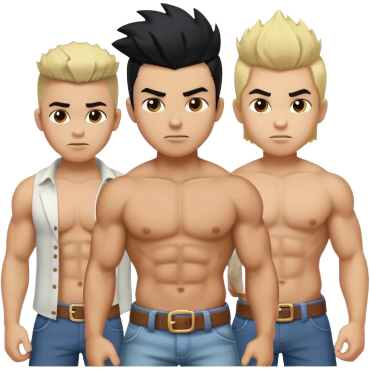 muscular boys in open shirts on in a hat and has black hair the other one has a fauxhawk and is blonde emoji