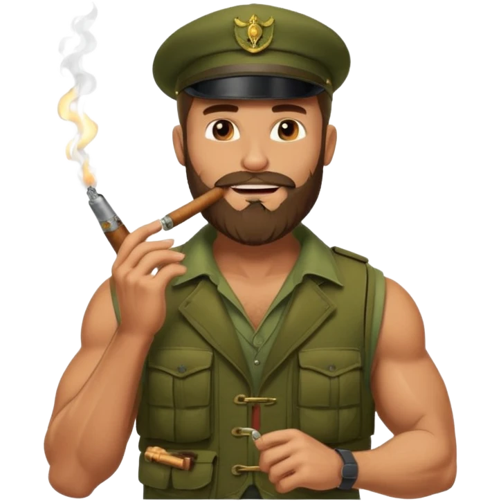 brauny vested bearded jungle commando smoking a cigar with a grin emoji