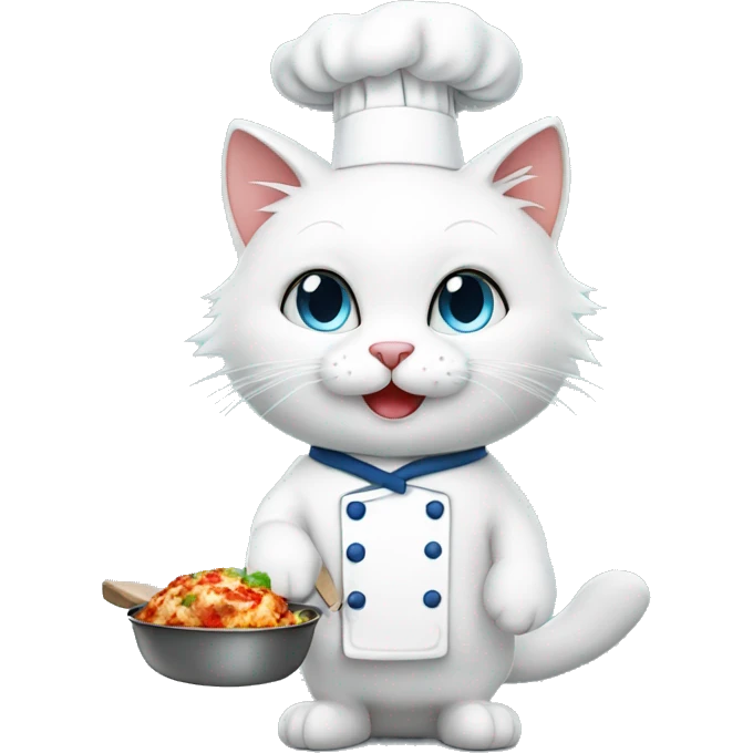 a cute white fluffy cat that is a chef and cooks dinner emoji