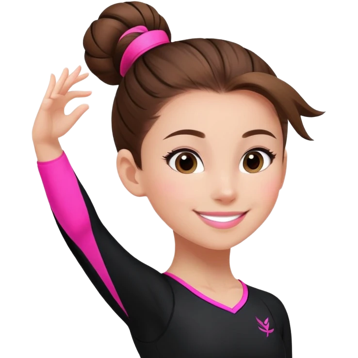 Happy female gymnast with brown hair in a neat bun, wearing a black uniform with neon pink elements. emoji