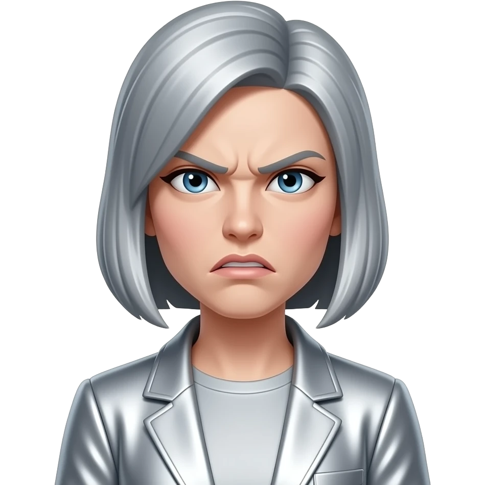 Create an emoji of a seated female figure in metallic silver. The woman appears angry. The background is white. The final result must have maximum resolution, high contrast, and extreme sharpness. Illustration style: Vintage – Art Deco – 2D emoji