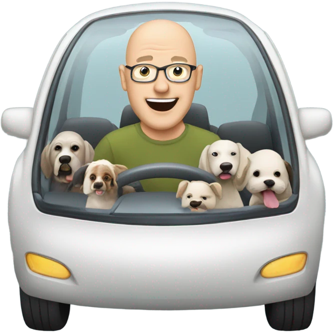A bald man in his 50s driving a Prius filled with a bunch of dogs sticking their heads out of the windows emoji