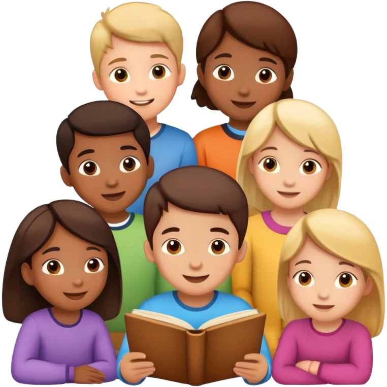 group of children listening to a story, happy and engaged emoji