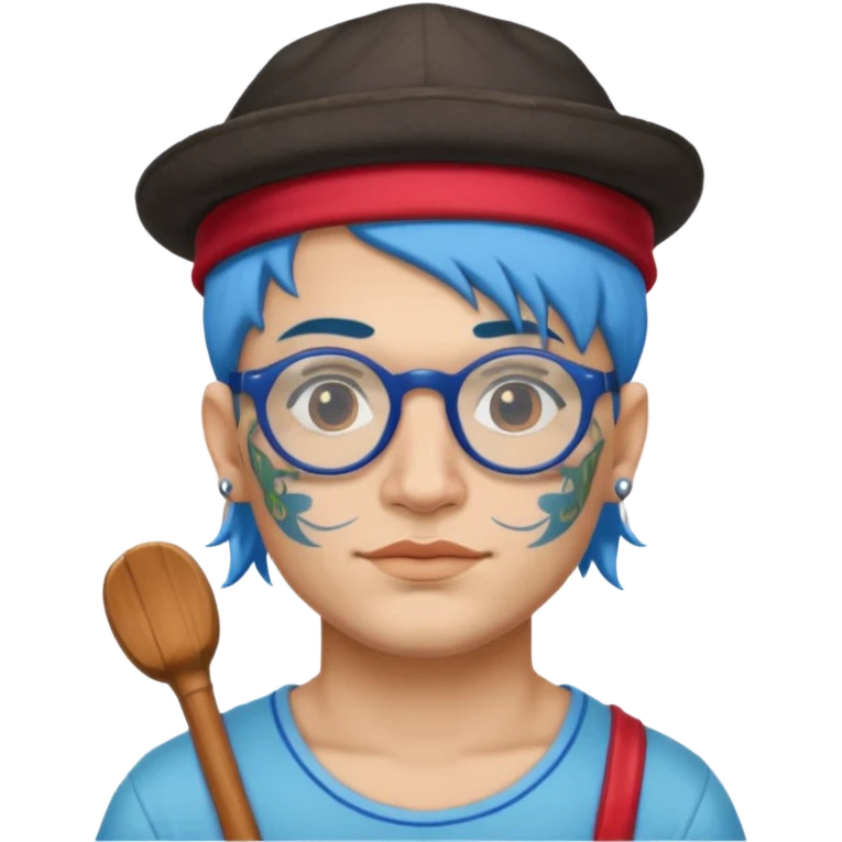 very tattoed face, normal glassess, fat venice gondolier with iconic hat and blue hair woman emoji