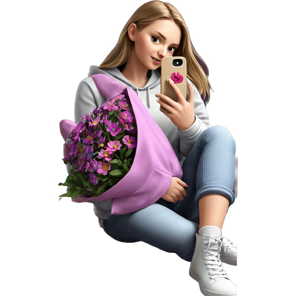 girl taking selfie with flowers emoji