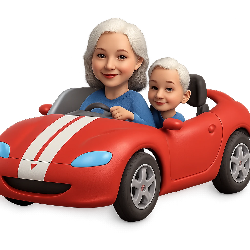 Make this mother with white hair driving a sports car look 10% more realistic in the style of 3D Emoji, keep the 3D emoji style, no background. emoji