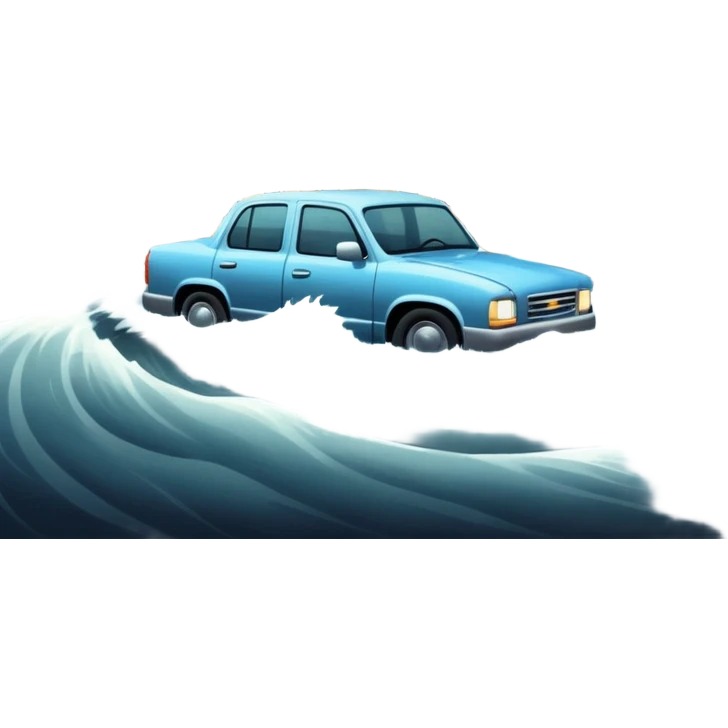 showing a flood disaster scene with strong water waves overflowing streets, partially submerged houses and cars, dark cloudy sky emoji