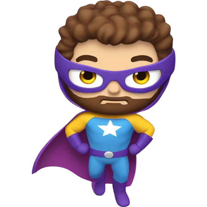 flying super hero, purple & yellow costume, white skin, blue eyes, chestnut brown hair & beard emoji