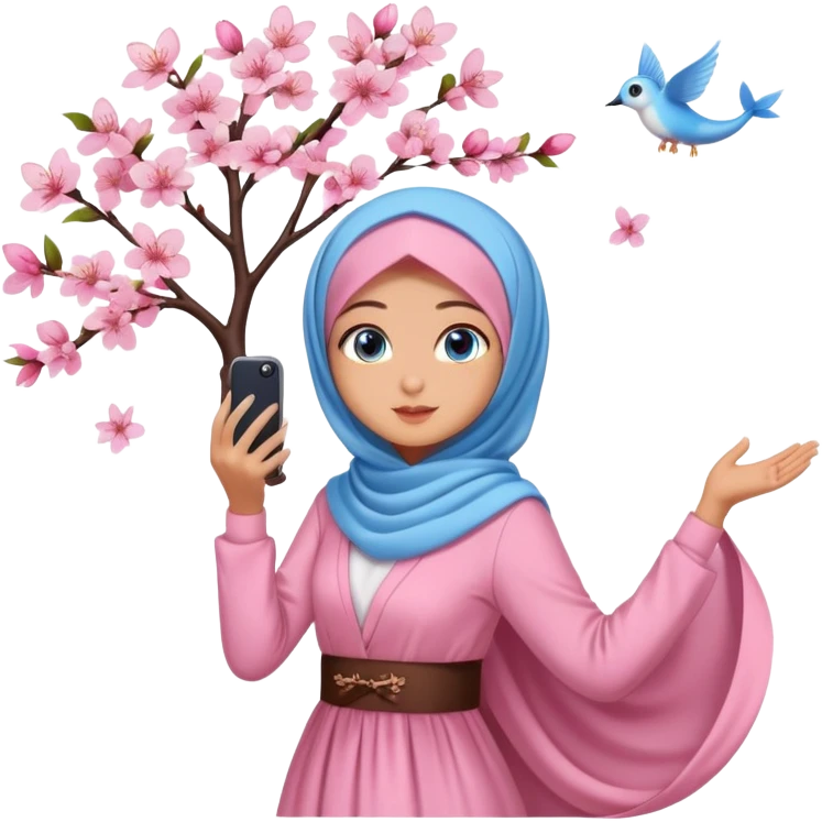 Turkish beautiful finish Konya girls blue eyes with lovely cherry blossom hijab long tail dress and she takes photo from sky emoji