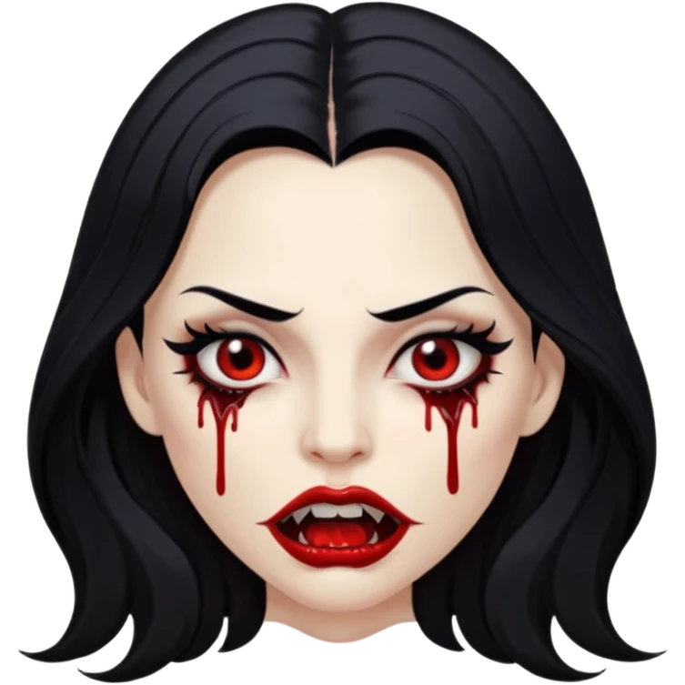 White woman with a white tank top long black hair glossy middle part long hair vamp look with fangs or blood dripping lips mouth closed brown eyes eyeliner winged with lashes top and bottom emoji