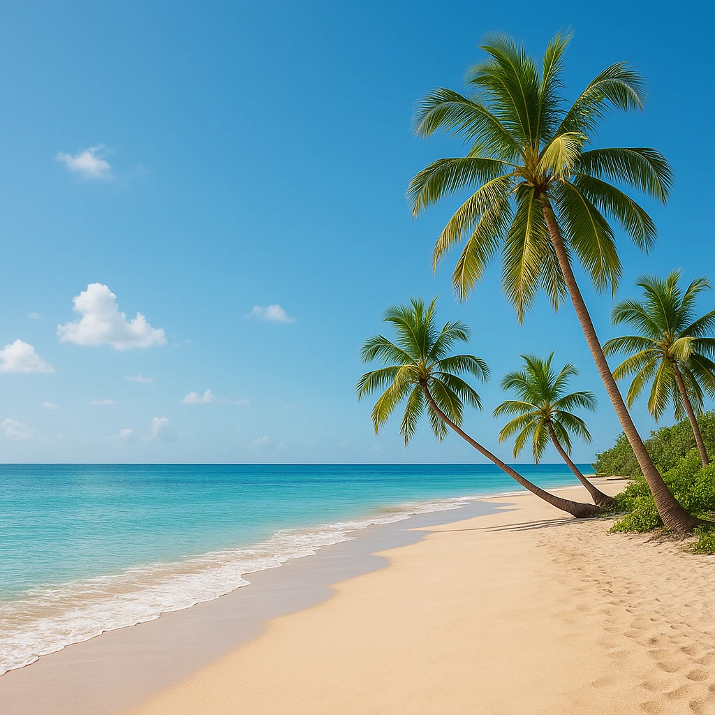 serene paradise scene with a peaceful beach, palm trees, and clear blue skies emoji