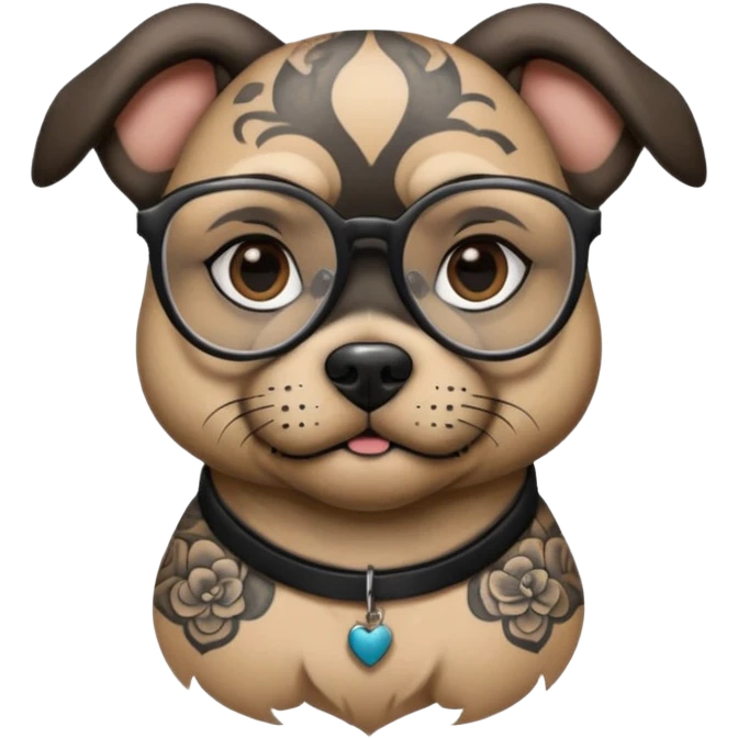 tattooed dog with heavy face tattooes and glassess, black emoji