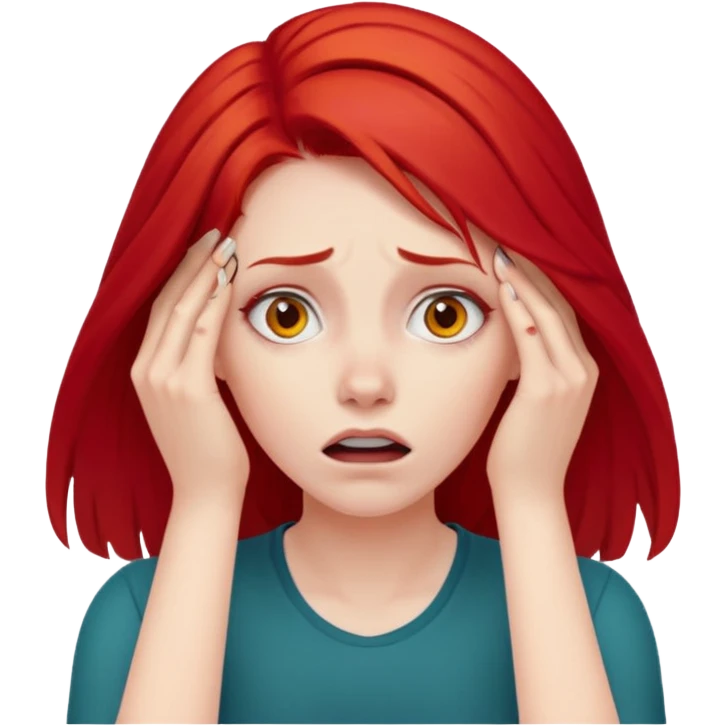 A realistic waist-up portrait of a frightened woman with her hands on her head and red hair emoji