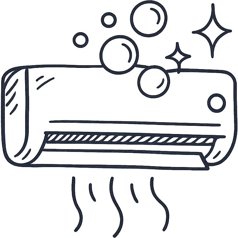 hand-drawn outlined icon of air conditioning cleaning, playful style, AC unit with bubbles emoji