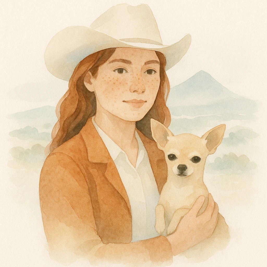 portrait of a cowgirl woman wearing a cream shirt and cognac jacket, freckles, tanned skin, hazel eyes, auburn hair, holding a beige chihuahua in her arms, blurred background of Tenerife, watercolor style emoji