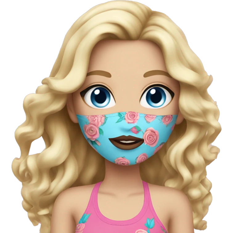 blonde woman. pink coloured bikini. wavy long hair. tattoos. blue eyes, rose lips emoji