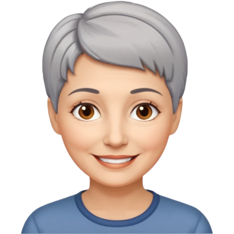 woman 50 years old, very short grey hair brown eyes smile emoji