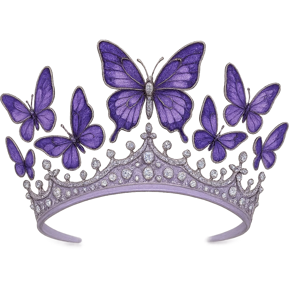 butterfly crown with a soft purple base, butterflies in light and dark purple enamel, sparkling gems emoji