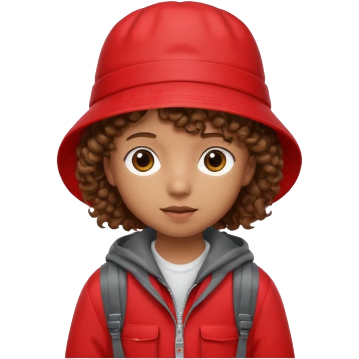 Little student brown curly hair, wears red bucket hat and jacket, backpack, shy emoji