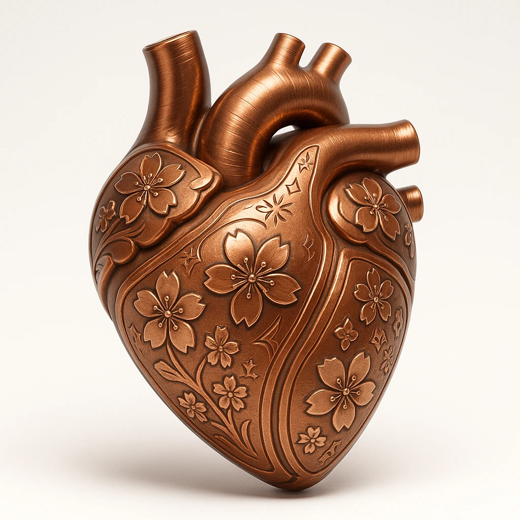 heart with sakura flowers and silver accents, copper style emoji