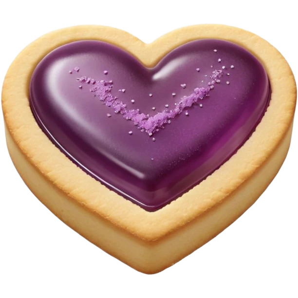 Realistic shortbread cookie in the shape of a heart with mauve jelly middle filling and sprinkled powder sugar on top. emoji