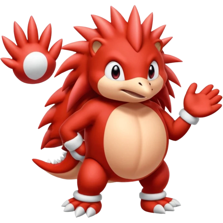 Sonic the hedgehogs friend knuckles a red animal with peach arms and white mittens that have no fingers , he’s a echidna with red eyes emoji
