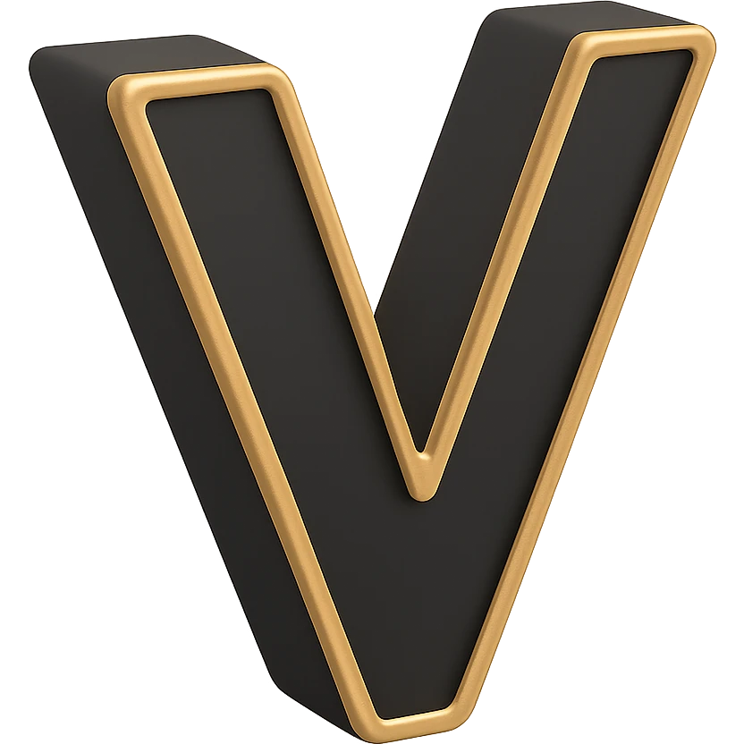 Create the letter V in the 3D Black style, matching the bold, clear, gold-edged look of the reference letter A. emoji