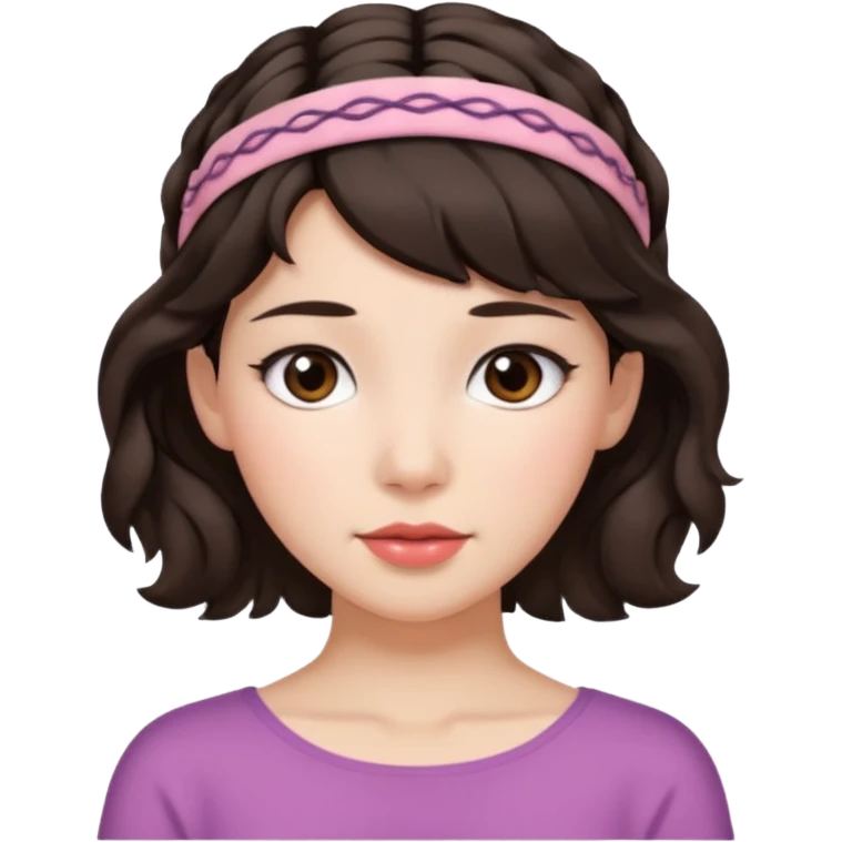 beautiful brunette with short wavy hair and  bands who looks straight ahead, snow-white skin, blush, slightly Asian emoji